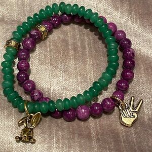Purple & Green Jade Stretch Bracelets with rabbit and peace sign 6”-8”
